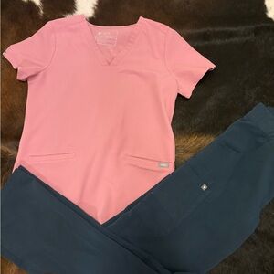 Figs Pink Top and dark harbor scrub Set